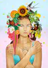 A Limited Edition fine art print of a lady with sunflowers and swallows in her hair by New Zealand artist Jane Galloway, available at The Little Gallery Tairua